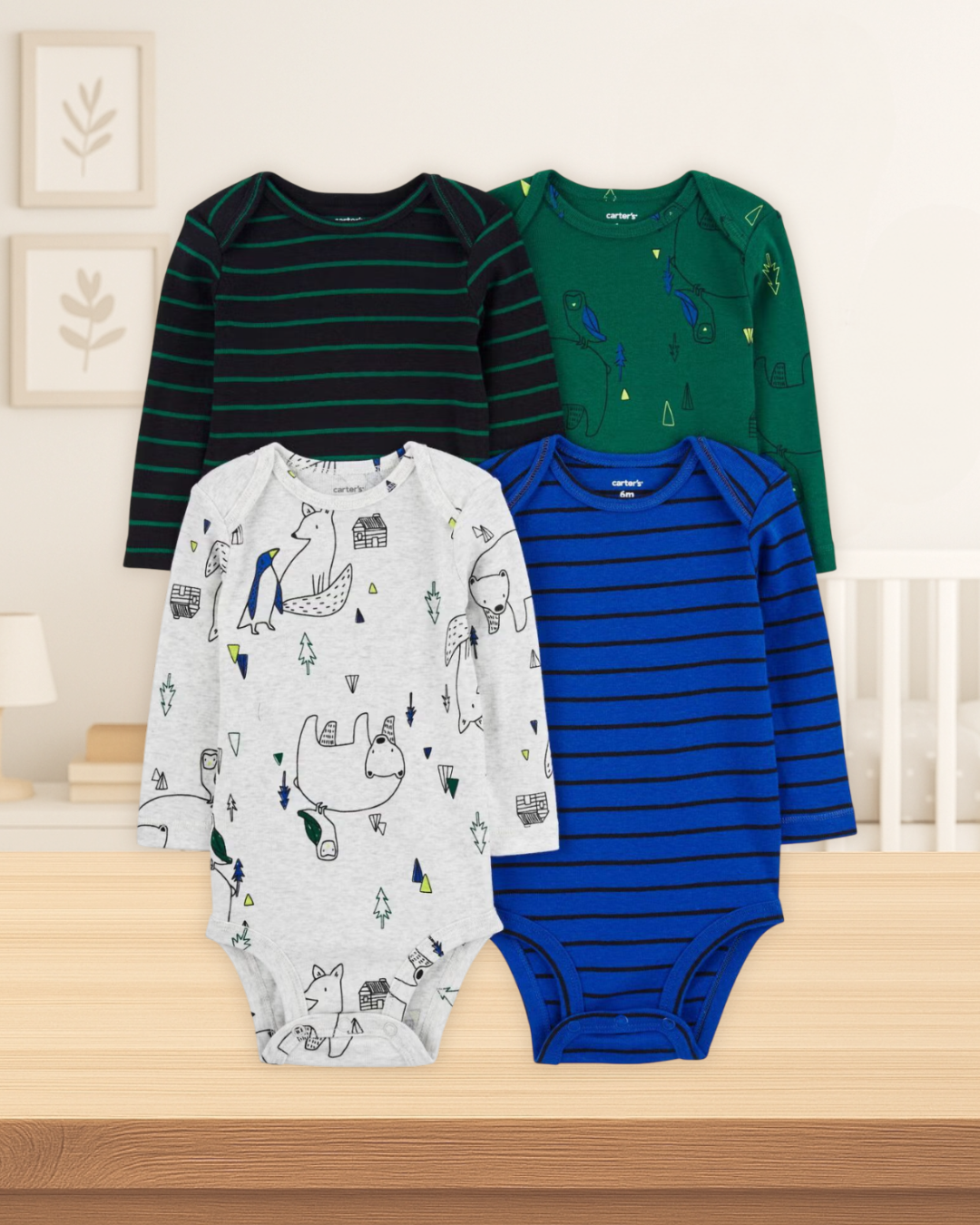 Carter's 4 Pack Long Sleeves Animals Bodysuits