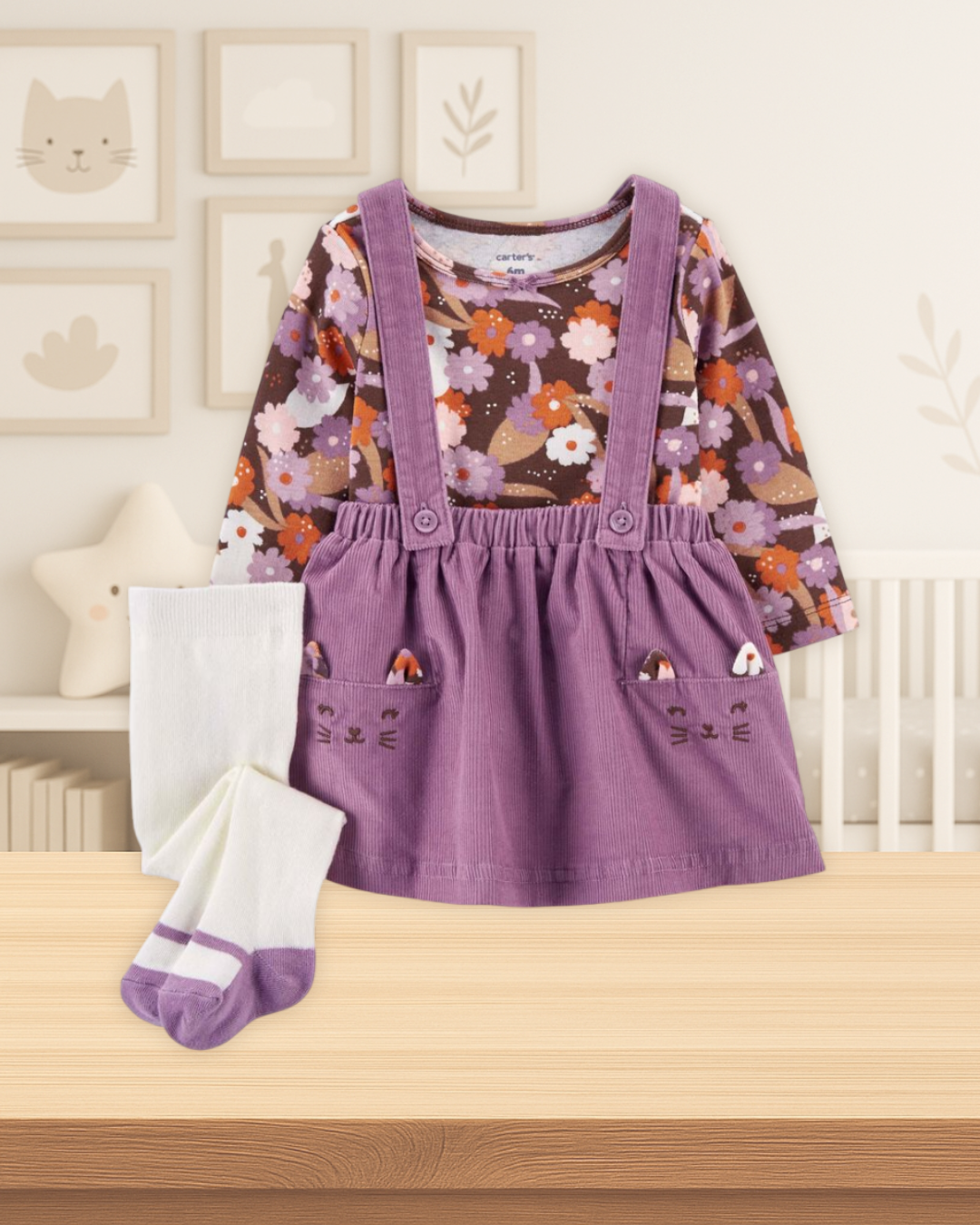 Carter's Floral Tee White Tights & Cat Jumper Set