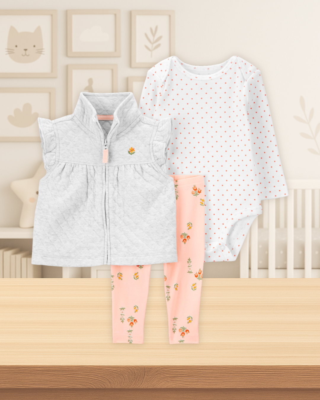 Carter's Gray Vest Dots Bodysuit & Floral Pants Set