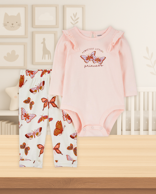 Carter's Pink Butterfly Bodysuit & Beige Pants Set