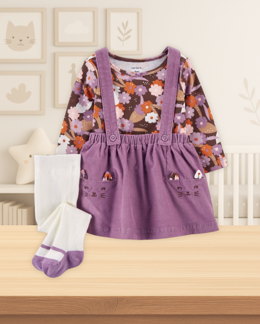 Carter's Floral Tee White Tights & Cat Jumper Set