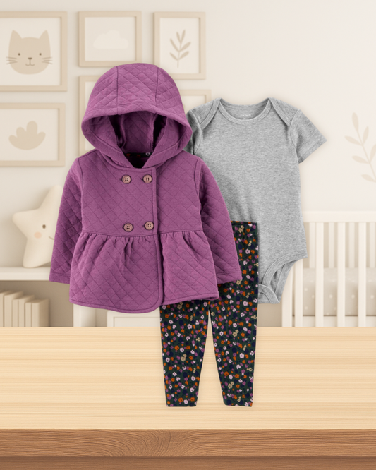 Carter's Quilted Purple Jacket Gray Bodysuit & Floral Pants Set