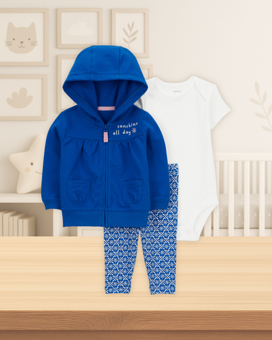 Carter's Blue Jacket White Bodysuit & Floral Pants Set