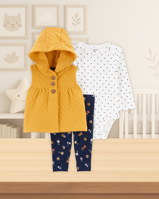 Carter's Hooded Vest Dots Bodysuit & Floral Pants Set