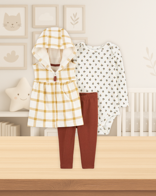 Carter's Checkered Vest Floral Bodysuit & Brown Pants Set